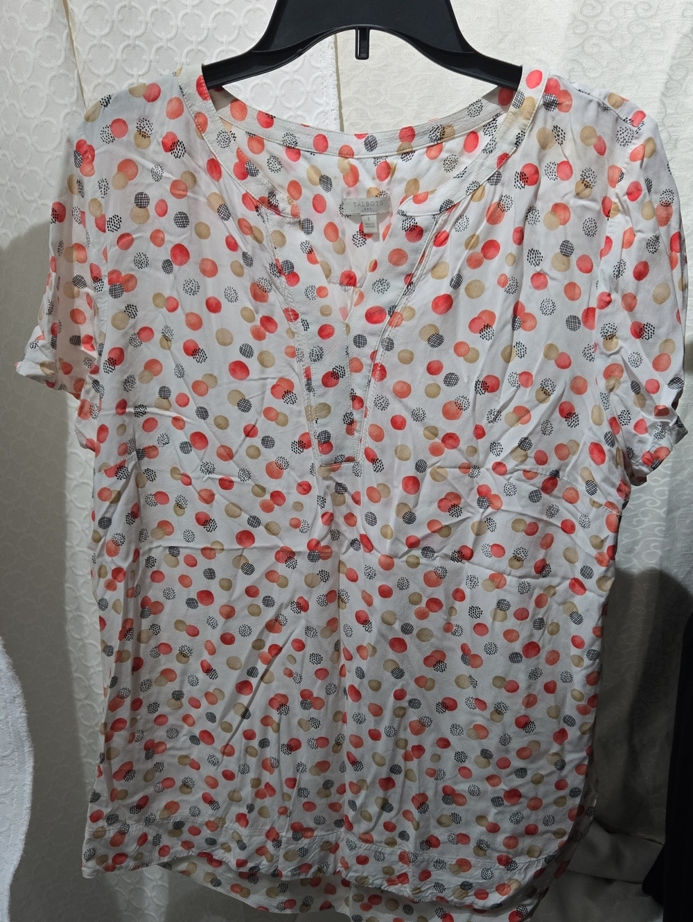 Talbots White Blouse with Coral, Tan & Black Dot Print